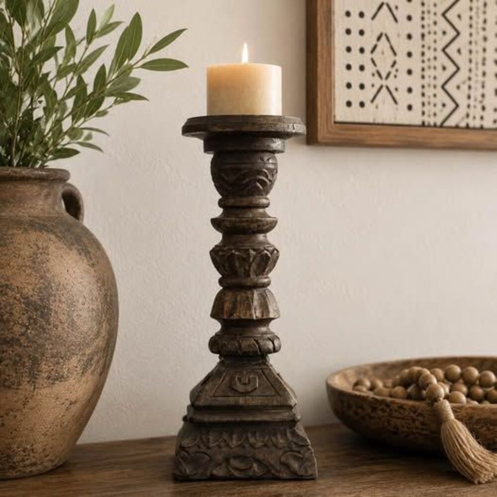 Vintage Hand-Carved Wood Candlestick – 12” Tall | Global Boho Décor